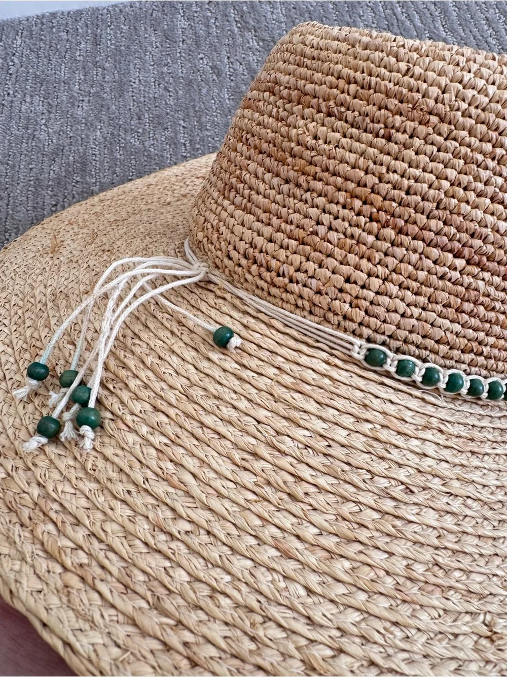 Coolibar Avery Raffia Fedora Hat UPF 50+ Wide Brim Beads Natural OS Coastal